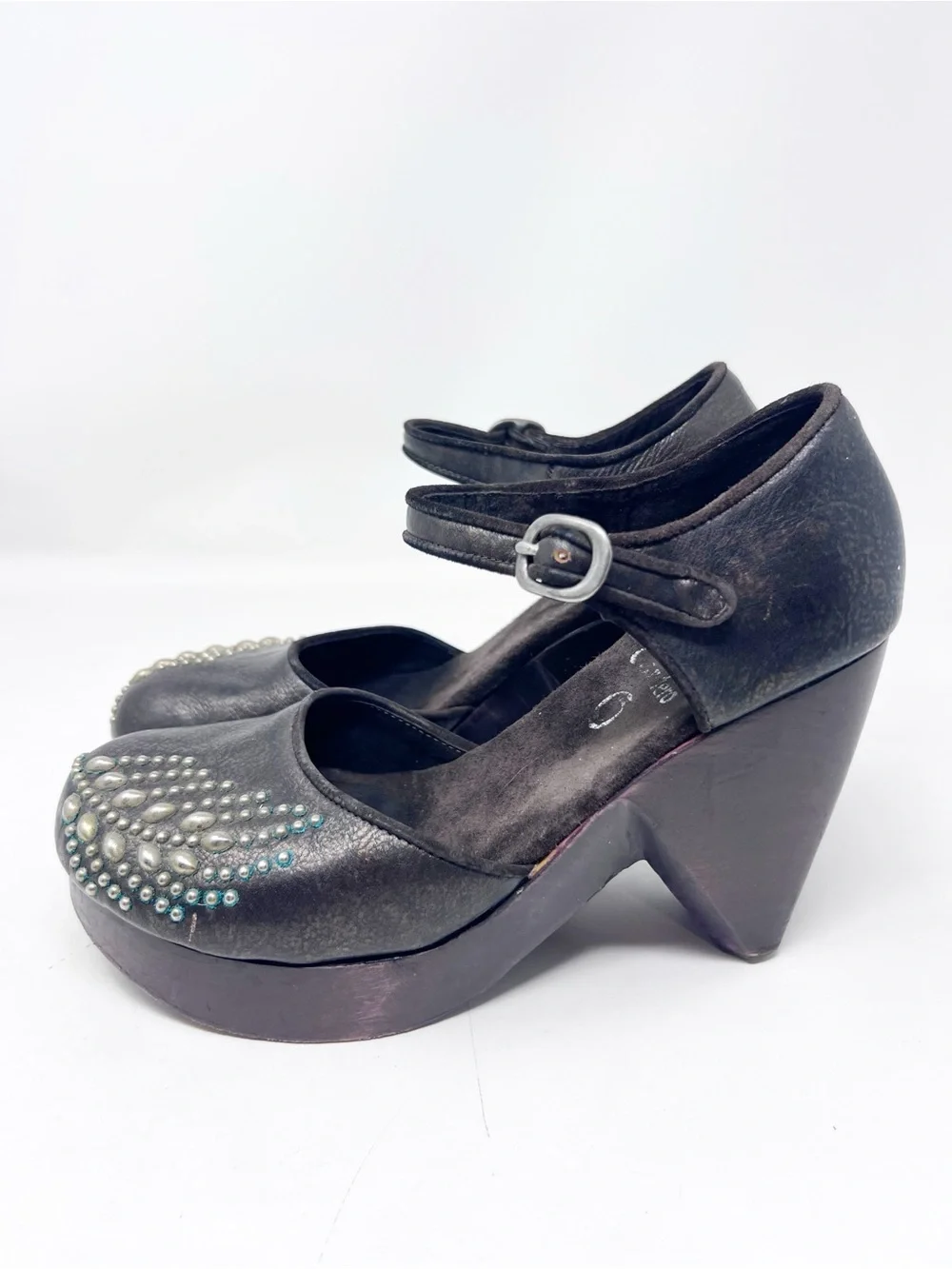 CALLEEN CORDERO BROWN LEATHER STUDDED ROIND TOE WOODEN PLATFORM CLOGS SHOES SZ 8
